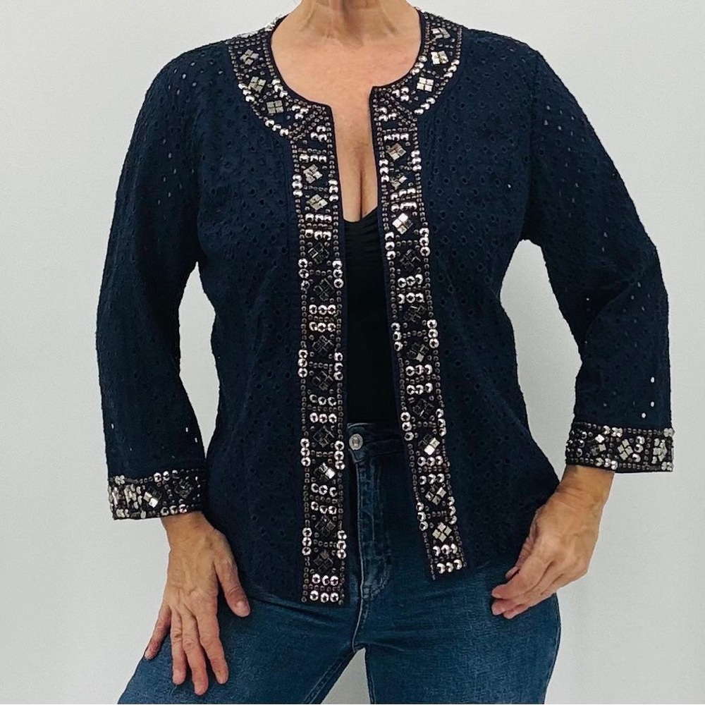 Chico’s Boho Eyelet Crochet Beaded Studded Sequins Coastal Open Cardigan Jacket